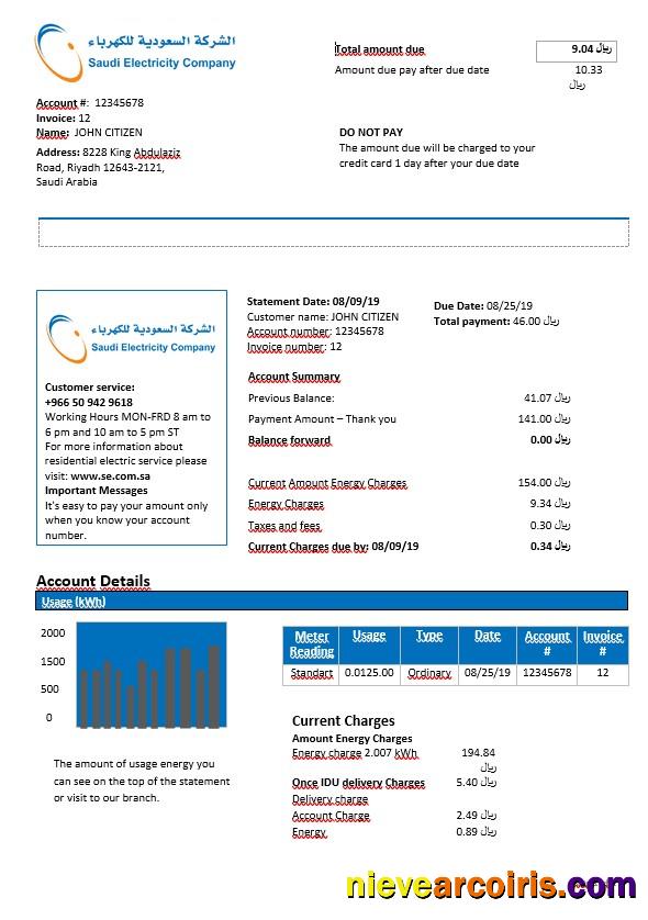 Saudi Arabia Saudi Electricity Company electricity bill